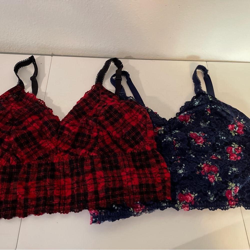 Torrid Red Plaid and Navy Floral Lace Bras